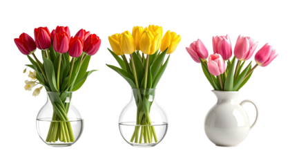 Three tulip bouquets displayed in different vase styles