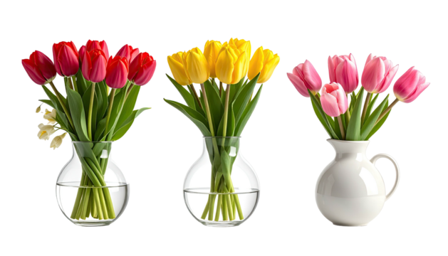 Three tulip bouquets displayed in different vase styles