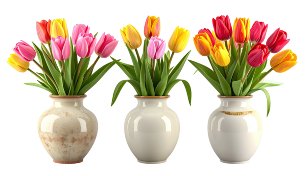 Three vases with tulip bouquets in mixed colors, isolated view