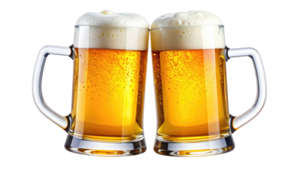 Two frothy beer mugs sit close, golden liquid, bright