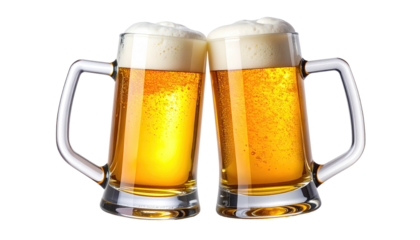 Frothy beer mugs clinking together in a celebratory cheer