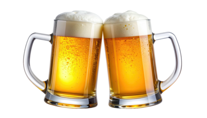 Two beer mugs cheer, filled golden liquid topped with white foam