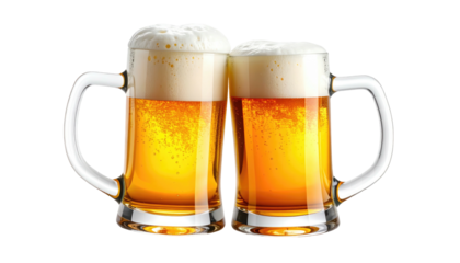 Two mugs full of beer, amber liquid and frothy white heads