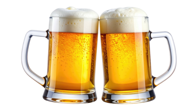 Two frothy beer mugs sit close, golden liquid, bright