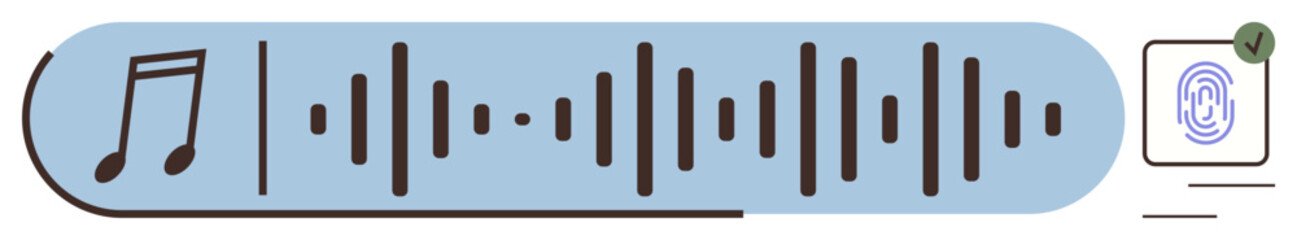 Audio progress bar with soundwave design, music note, and fingerprint icon for secure access. Ideal for music streaming, identity, technology, software, media, user interface simple flat metaphor