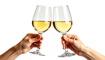 Two hands clinking crystal glasses filled with white wine