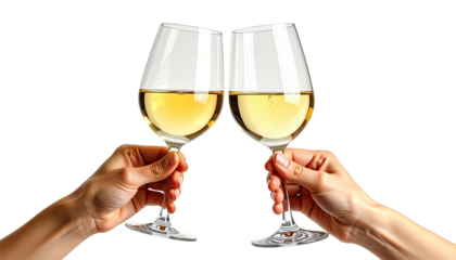 Two hands clinking crystal glasses filled with white wine