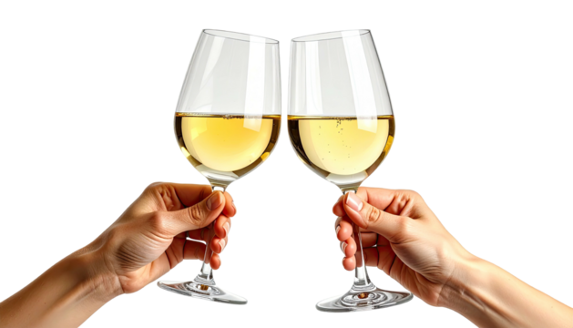 Two hands clinking crystal glasses filled with white wine