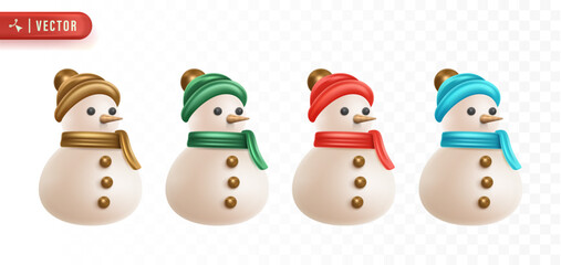 SnowmanCute 3D snowman illustration set wearing colorful hats and scarves representing winter and Christmas festive celebration mood. Christmas 3D Element