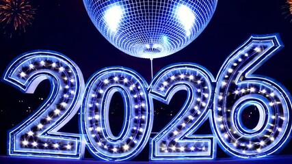 Glowing 2026 countdown with disco ball and fireworks celebration - Powered by Adobe