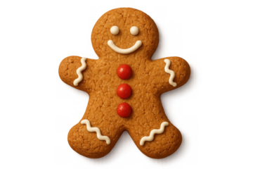 Gingerbread man cookie preparing for holiday season celebration, decorated with frosting and candies, transparent background