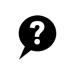A black speech bubble icon with a white question mark symbol inside, representing inquiry or confusion, simple graphic design.