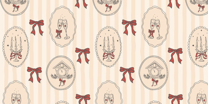 Festive elegance in frames champagne, candelabra, and bows. A minimalist, retro, vintage, hand-drawn Christmas seamless pattern.