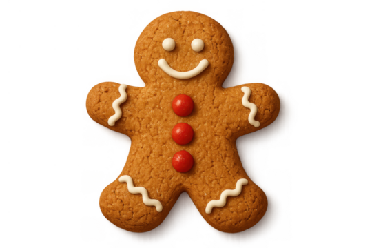 Gingerbread man cookie preparing for holiday season celebration, decorated with frosting and candies, transparent background