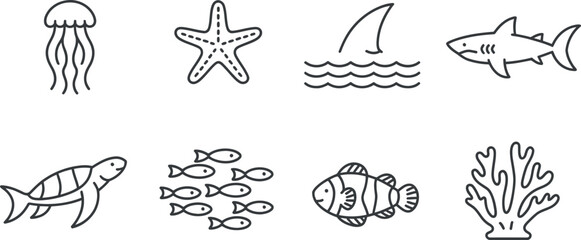 Set of eight simple outline marine life icons featuring ocean creatures and coral reef elements vector