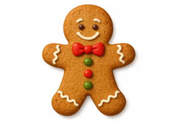 Gingerbread man cookie looking cheerful, decorated with icing, candy buttons, and a red bow tie, transparent background