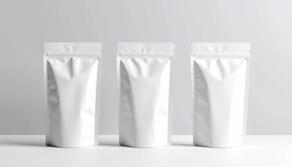 A clean studio shot of three blank white stand-up pouches with a zipper, perfect for a product packaging or branding mockup