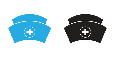 Essential nurse hat icons in blue and black showcase healthcare professionalism, ready for use in medical designs or health campaigns