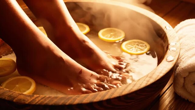 Feet soak in a wooden bowl with lemon slices, steam, and a fluffy towel. Soft light enhances relaxation