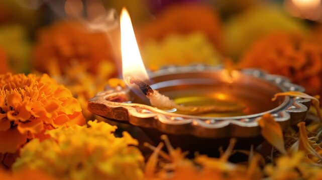 traditional indian oil lamp diya surrounded by marigold flowers