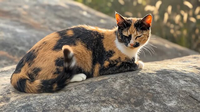 Calico Cat Resting on a Rock in Sunny Weather