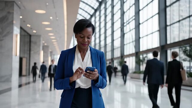 Confident african american businesswoman using smartphone in modern office building hallway with other people passing by - Powered by Adobe
