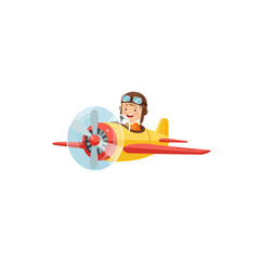 Adorable Cartoon Pilot Child Flying a Yellow Biplane with Red Wings and Propeller, Wearing Goggles and Helmet © Basecamp