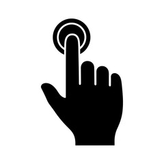 Obraz premium Black Hand Pointer Finger Icon Symbol Pressing a Circular Button on a White Background, Digital Interface Gesture