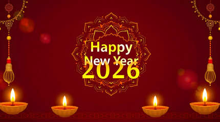 Naklejka premium Happy New Year 2026 background featuring golden mandala, red lanterns, and glowing diyas evoking warmth and spiritual light. 