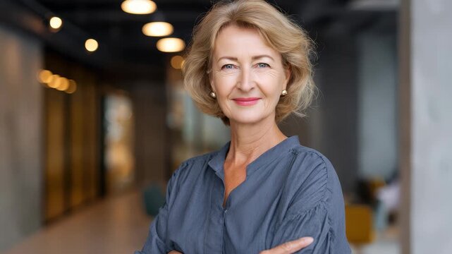 Happy older mature lady confidently posing in an elegant indoor setting with modern decor and soft lighting, showcasing her charm and grace while interacting with the environment