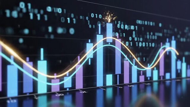 Digital stock market chart with binary code and rising curves for financial and economic growth analysis