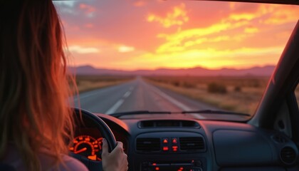 Woman driving car during golden sunset. Driver travels along open road towards horizon. Automobile journey on highway. Travel adventure destination. Road trip concept. Freedom vacation.