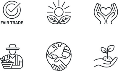 Set of six minimalist line art icons representing sustainability fair trade and organic farming vector