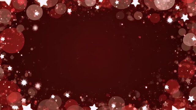 Maroon background framed with bokeh circles and white stars creating a festive, bright border