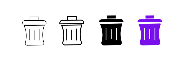 Set of minimalist trash can icons with transparent background, depicting delete symbols, rubbish bins, and waste management controls, vector illustration