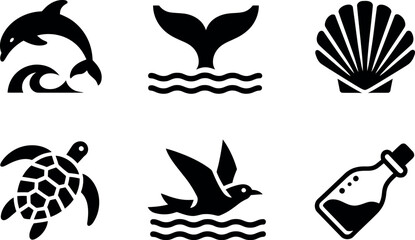 Fototapeta premium Set of six minimalist black and white ocean life icons dolphin turtle shell bird bottle vector