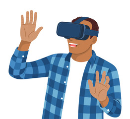 A smiling African man wearing a VR headset, his hands raised in excitement. illustration flat on white background