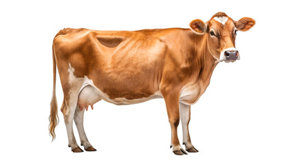 A beautiful light brown jersey cow stands in profile against a black background