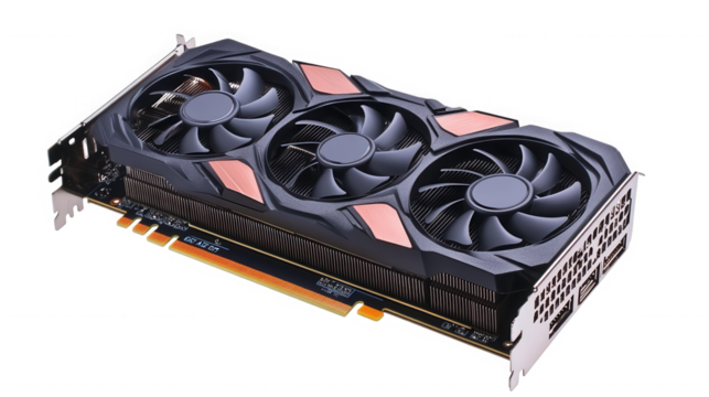Modern graphics card with three fans for high performance computing power on transparent background