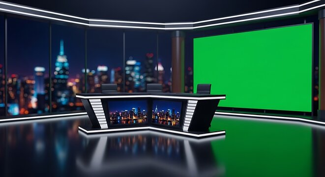Modern TV Studio with Green Screen and City View news set chroma key virtual set broadcast television cityscape night skyline desk