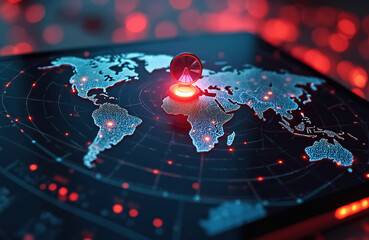 Digital earth map with radar over Africa. Futuristic tech visualizes global network. Satellite scans planet with signal monitoring data transfer, tracking position on digital display. Security