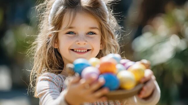 Easter egg hunt featuring a girl child with bunny ears holding a basket full of colorful eggs surrounded by spring decorations