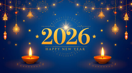 Happy New Year 2026 background with royal blue tones, golden text, glowing diyas, and festive lanterns.
