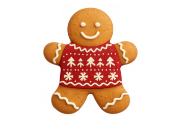 Gingerbread man cookie wearing festive red sweater with christmas trees and snowflakes, baked traditional holiday dessert, transparent background
