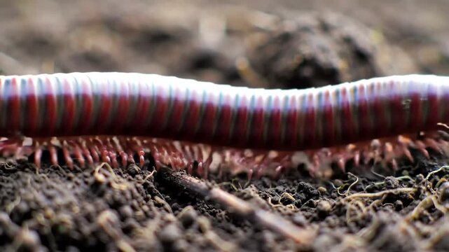 Millipede crawling on the ground, showing its many legs.