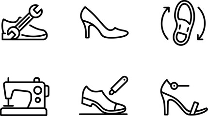Minimalist line art icons for shoe repair and fashion footwear services vector