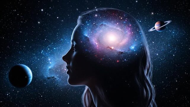 Cosmic Mindscape of Woman Silhouette Contemplating the Universe with Nebula and Planets Overlaid in Psychological Exploration