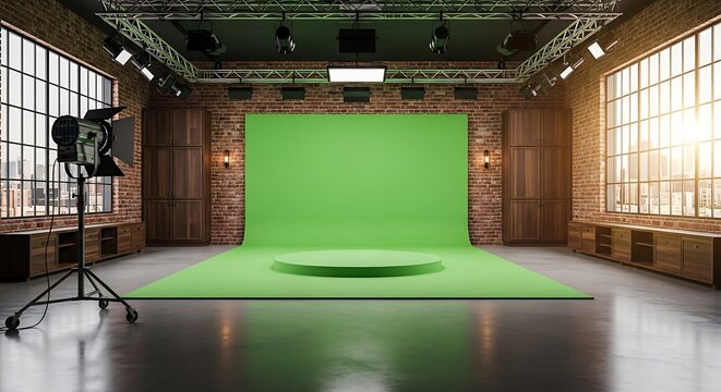 Modern film studio with green screen and lighting equipment chroma key backdrop brick wall interior set production video movie cinema