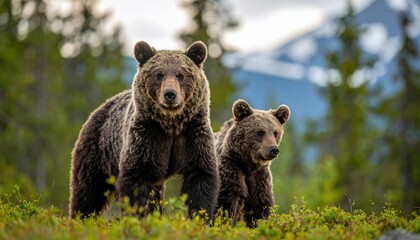 Fototapeta premium Grizzly Bear Mother and Cub Foraging in the Wilderness.