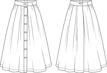 CAD drawing flat vector illustration, fashion technical sketch of button front flared skirt, garment design template, sewing pattern outline, clothing design vector